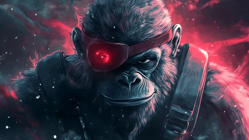 Cybernetic war-ape ignites the neon battlefield nightscape.