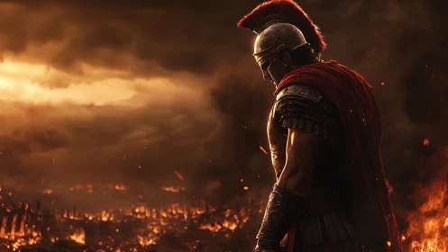 Armored ancient soldier overlooking burning battlefield scene.