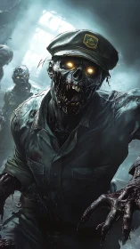 Undead officer lunging forward in misty abandoned facility.