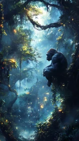 Solitary silverback contemplating in luminous jungle dusk.