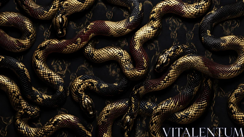 Coiling golden serpents shimmer over dark ornamental velvet.