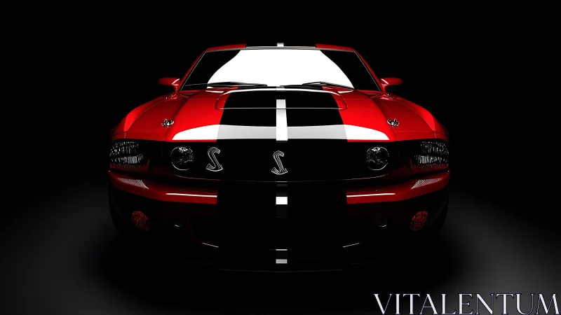 Front view of red sports car with central racing stripes.