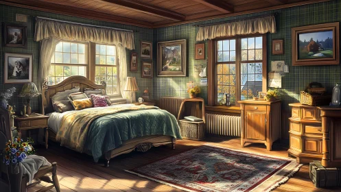 Sunlit country bedroom filled with cozy nostalgic charm.