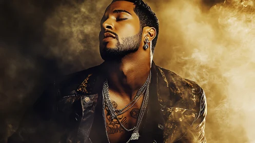 Male subject in leather jacket amid diffuse golden haze.