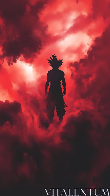 Backlit spiky‑haired combatant in volumetric crimson clouds.