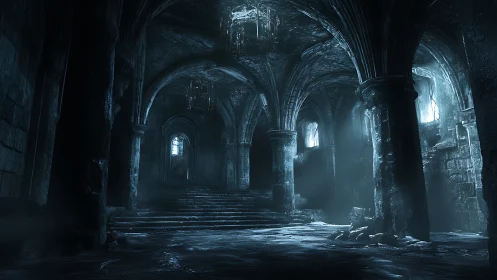 Gothic crypt interior dramatized by volumetric blue light