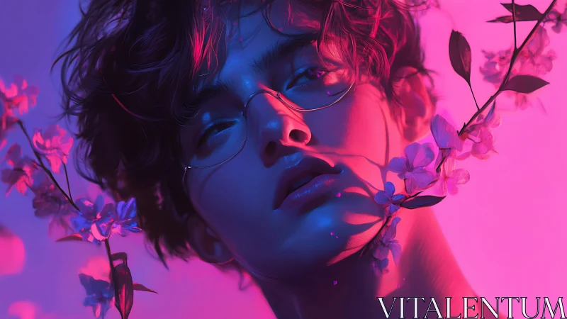 Neon-lit floral portrait captures dreamy, introspective mood
