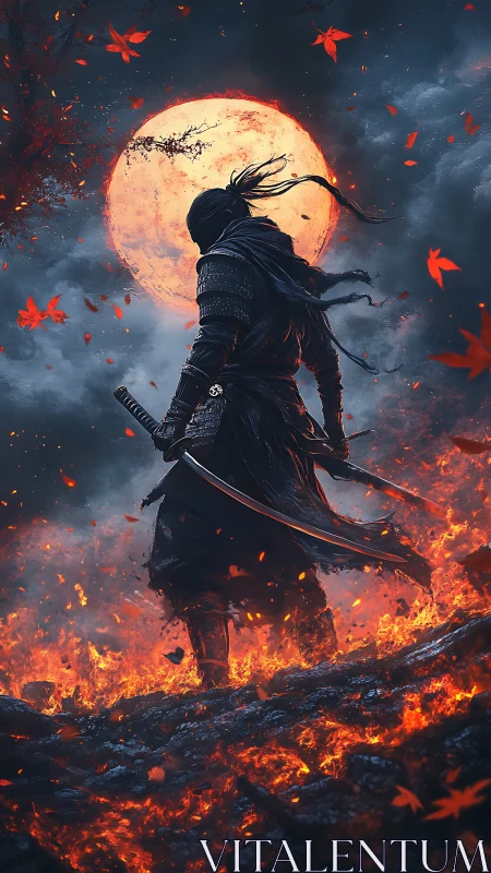 Armored katana warrior over volcanic embers under blood moon