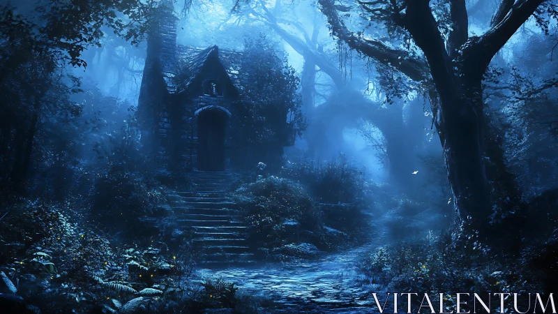 Moonlit cottage hidden in misty enchanted forest path.