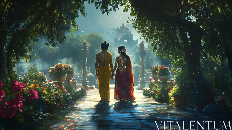 Sunlit lovers drift through a mythic garden toward distant domes