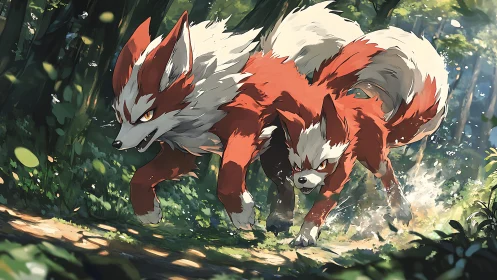 Fiery wolf companions thunder through a sunlit forest path