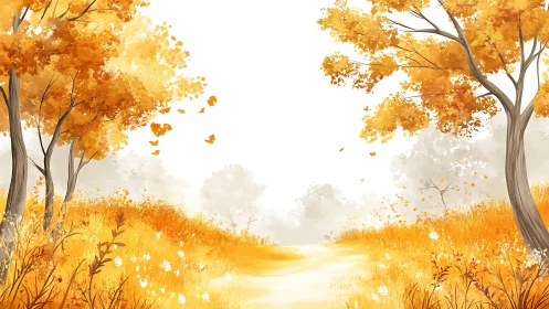 Golden autumn landscape with falling leaves and misty path.