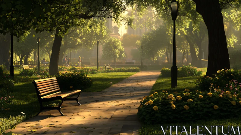 Sunlit city park path winds past benches and flowers.