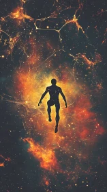 Cosmic silhouette ascends through glowing nebula portal.