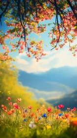 Spring wildflower meadow glows under blooming tree branches
