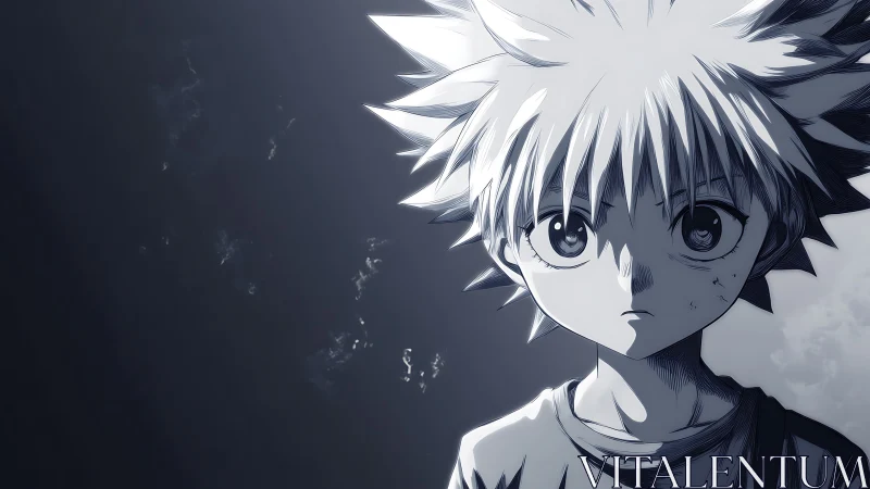 Quiet anime boy under a moody sky, holding brave feelings.