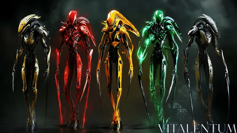 Neon sentinel squad strides through stormlit machine dusk.