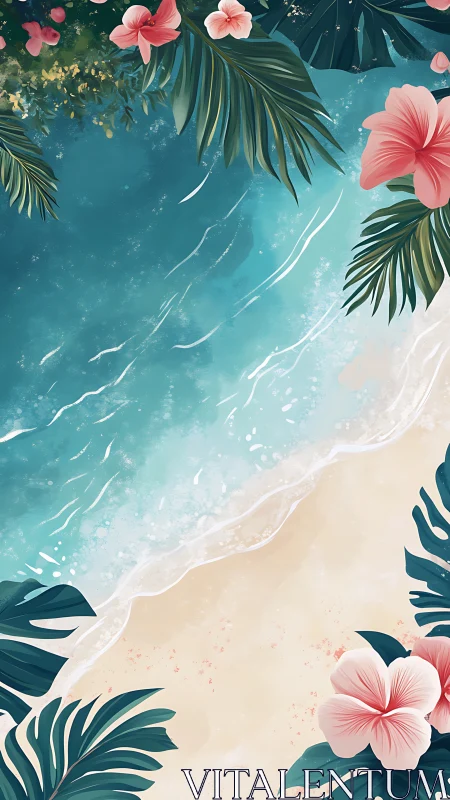 Tropical Paradise: Where Pink Blooms Meet Turquoise Shores.