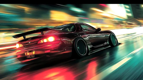 Tuned sports car rockets through neon city streets at night.