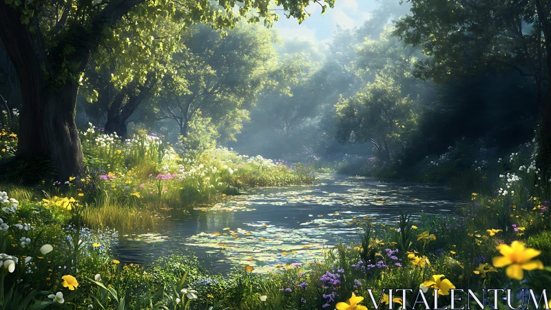 Sunlit woodland pond invites a quiet pause and gentle wonder