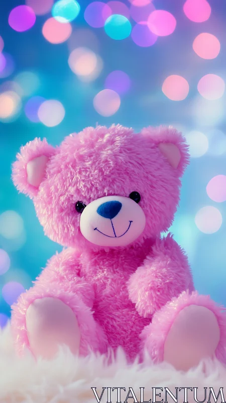 Bubblegum teddy bear glows beneath dreamy bokeh lights.