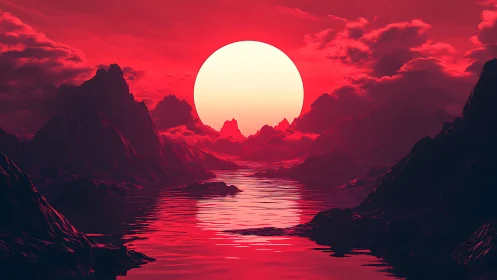Crimson alien seascape renders a colossal sun over jagged peaks