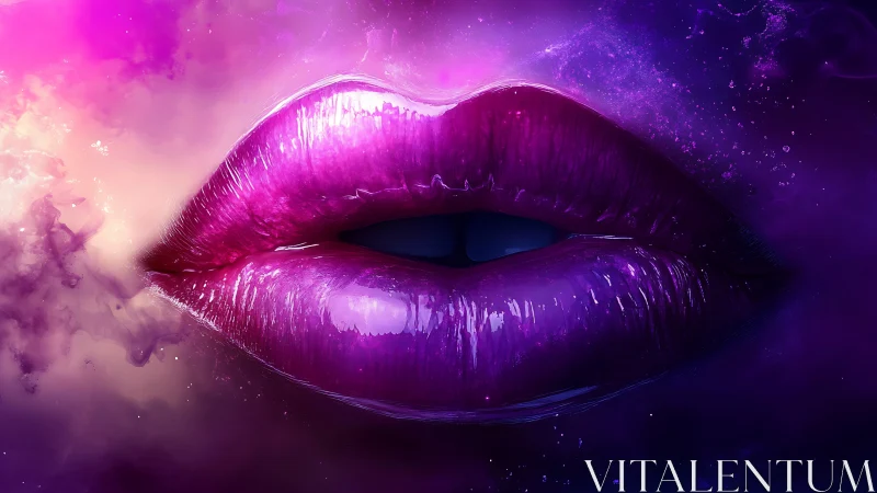 Luminous cosmic lips glowing softly in dreamy purples.