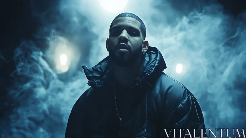 Moody portrait captures a lone figure in swirling blue haze