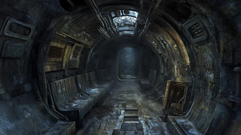 Derelict underground transit tunnel with corroded metal walls.