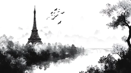 Eiffel Tower ink landscape merges Paris icon with misty river.