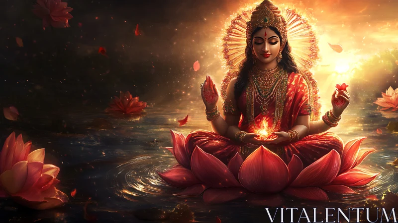 Divine lotus goddess meditating on water with radiant fire orb
