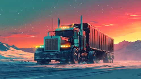 Ice road semi truck under neon arctic sunset sky