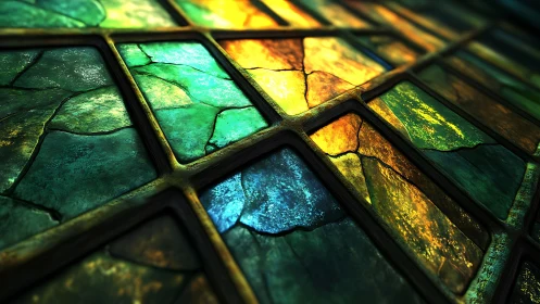 Shattered light quilts the glass in molten emerald and gold
