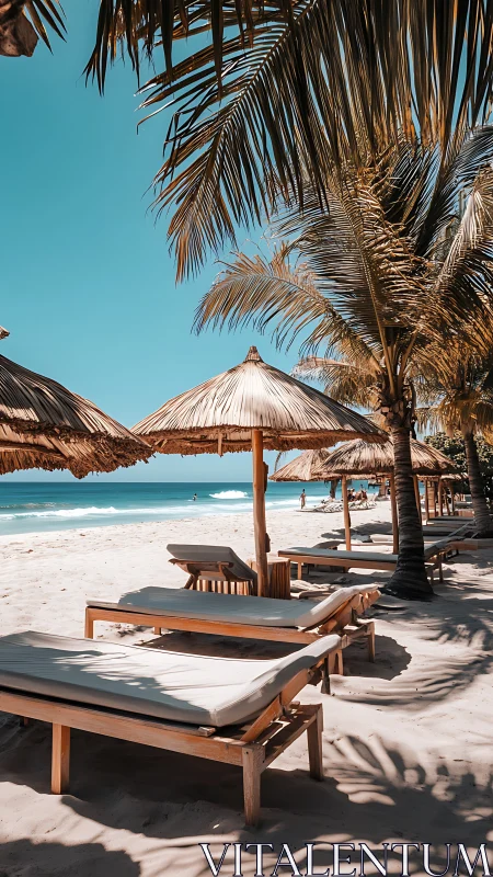 Sunlit tropical beach loungers line shore under palm shade