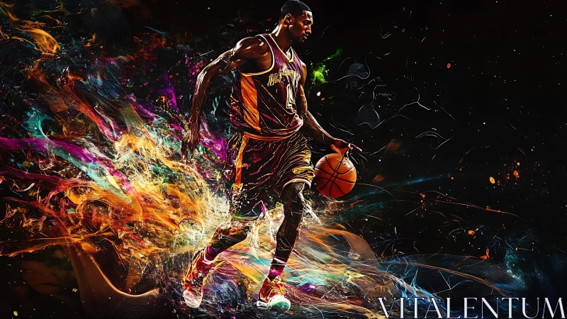 Electric basketball moment bursting with color and motion.