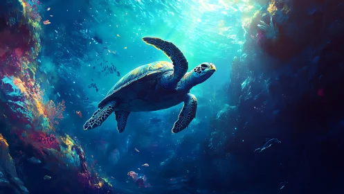Sea turtle glides through luminous coral reef depths.