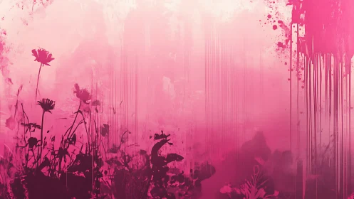 Pink gradient floral silhouettes with abstract paint drips.