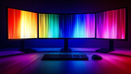 Triple monitor workstation glows with neon spectrum light.