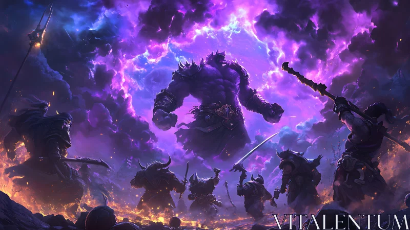 Giant armored demon confronts warriors under violet storm.