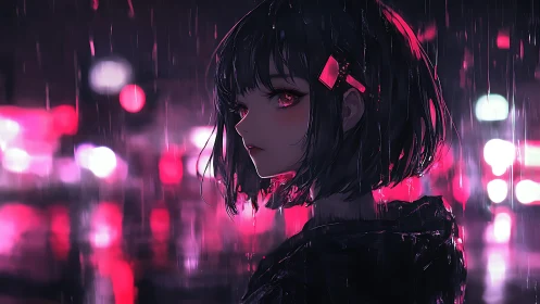 Cyberpunk rain portrait with neon rim lighting and bokeh depth.