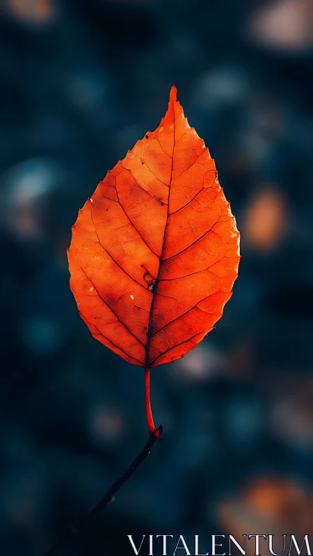 Single orange autumn leaf glows against a cool blurred dusk