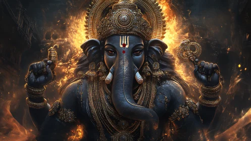 Detailed digital deity with elephant head in fiery scene.