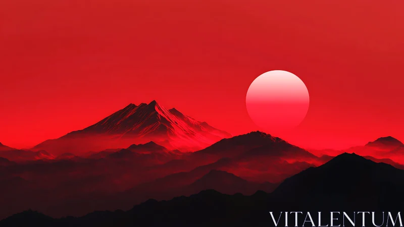 Crimson gradient sun setting behind stylized layered mountain ranges