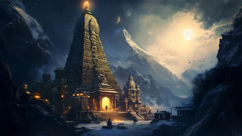 Ancient mountain temple glows under full moon and crescent sky