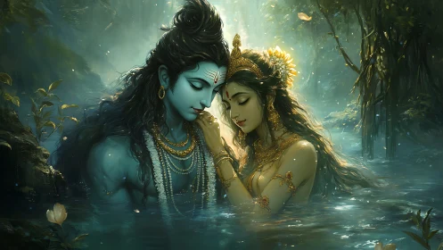 Divine Lovers in Enchanted Waters: Ethereal Sacred Union.