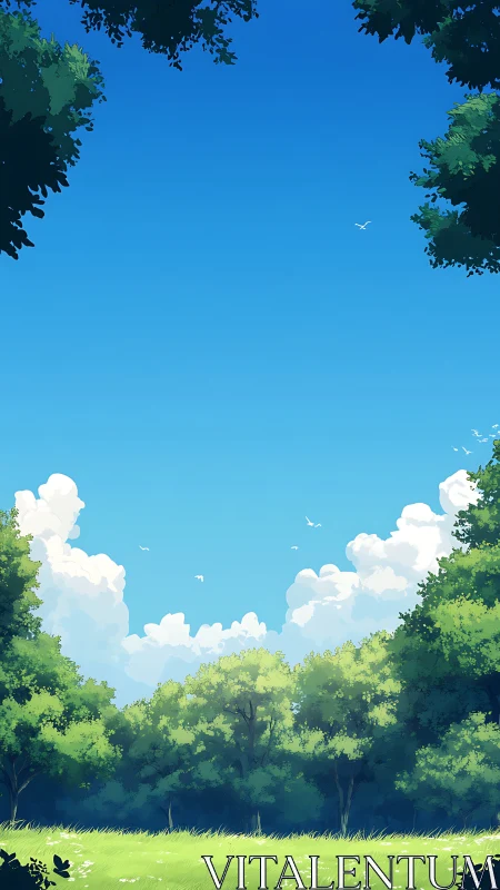 Sunny forest clearing under deep blue sky with clouds
