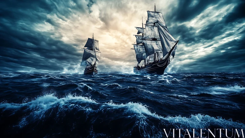 Storm-chasing tall ships carve a path through wild twilight seas.