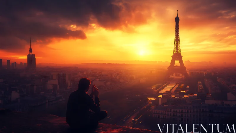Silhouette observes Eiffel Tower skyline under blazing sunset