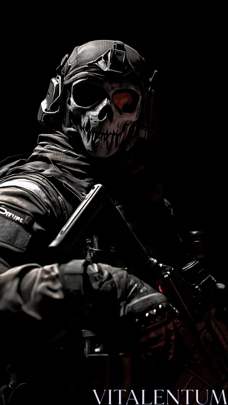 Tactical skull-masked operator emerges from deep shadows.