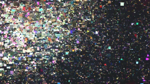 Chromatic pixel nebula bursts across deep digital void.